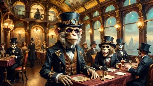 Prompt: "A steampunk masquerade ball takeover scene aboard a posh airship, titled 'The Masquerade of Shadows,' under twilight sky, grand dance deck with high ceilings, lavish gilded trimmings, elaborate frescoes, eerie chandeliers, ghostly shadows, colorful costumes, masks, Leo Brasspaw, anthropomorphic lion in leather steampunk attire with brass accents, leading rescue with son Zephyr, Leo wielding 'Dragon’s Blunderbuss' with dragon motifs, luciferin-powered energy blasts, glowing muzzle flashes, luciferin-powered saber, mechanical guardians, defensive automaton, Jester of Reckoning, Armed Jester, Top Hat Duelist, Dapper Gunman, Stoic Sharpshooter, Skeletal Figure in top hat, Skyship Horizon in background, monkey with monocle, chiaroscuro lighting."