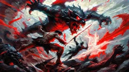 Prompt: A dynamic graphic novel-style scene of a hero battling a colossal monster, using a red, black, and white color palette. The hero is leaping through the air, about to strike the monster. The hero is rendered in stark black with red highlights on their sword and eyes, with white highlights for muscle definition and motion. The colossal monster is menacing, depicted in black with glowing red eyes and wounds, set against a white background. Motion lines in white emphasize the hero's movement, with bold lines and dramatic shadows enhancing the intensity of the battle. High contrast between the colors creates a striking, action-packed image in a bold and vivid style.