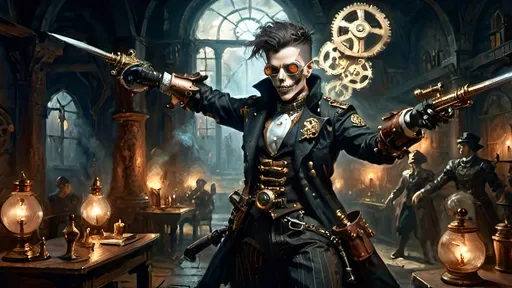 Prompt: A dynamically dramatic steampunkesque scene featuring an anthropomorphic Bal-Bal as an Italian ghoul prince on a battlefield, with a strong emphasis on chiaroscuro lighting. The scene showcases the interplay of light and shadow, creating cinematic depth with soft halos and shadowy edges. The prince is in elegant combat with a Rapier, moving fluidly and gracefully like a dancer, dodging an attack from a zombie-like automated guard. He wields a blunderbuss with finesse, his luciferin eyes glowing with sharp intellect. Brass and copper armor gleams on his form, surrounded by delicate halos. Intricate mechanical elements like gears and pistons subtly move around him. The background is a velvety night, with glowing steam rising from brass chimneys, adding an ethereal, dreamlike quality. An automaton with glowing orange goggles is a central focus, its reflective surface enhancing the light in the scene. The overall mood is mystical and reflective, highlighting the duality of light and dark in this steampunk realm.;;;