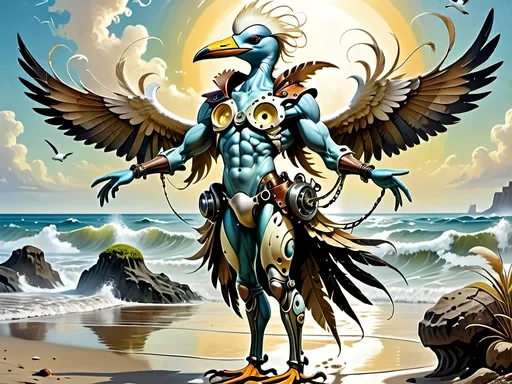 Prompt: Anthropomorphic 
Steampunkesque technology
Muscle bound seabird
---

Under morning sun,  
Seabird graces storied sands—  
Resplendent in form.

---

Elongated legs,  
Supple reeds in zephyrs’ dance—  
Sea's vast embrace calls.

---

Mischief in his eyes,  
Beachgoers’ toil unnoticed—  
Avian voyager.

---

Plumage tousled light,  
Saline breezes bring solace—  
Waves chant his essence.

---

Choreographed grace,  
Wings unfurled in ocean's song—  
Maestro of the shore.

---

Day's vibrant tableau,  
Delights of beachside revels—  
Laughter and salt tang.

---

Fellowship in skies,  
Airborne kin cavort above—  
Cerulean bond.

---

Muscle Beach's arena,  
For robust and brawny strength—  
Whimsical proscenium.

---

Stilts' realm of splendor,  
Statuesque limbs embrace waves—  
Effervescent spirit.
