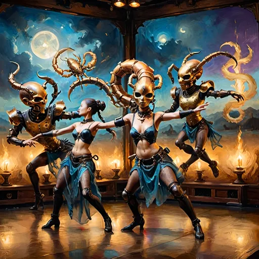 Prompt: A cinematic, full-color, steampunk-inspired scene featuring a synchronized dance performance on an expansive, dimly lit stage. The dancers are anthropomorphic, sentient scorpions with chitinous, metallic exoskeletons interwoven with brass and copper. Their segmented limbs move in perfect synchronicity, shimmering under soft, Phong-lit copper hues. The scorpions are adorned with flowing, gossamer veils that drift as they dance, creating an ethereal and mysterious atmosphere. The backdrop is a blend of dusk colors—blues, purples, and silvers—suggesting a time of transition and change. The scene captures a moment of collective effort and near-success, with the dancers' movements reflecting unity, resilience, and the poignant beauty of striving for something just beyond reach. Mist and light add depth and atmosphere, enhancing the mystical and elegant quality of the performance.