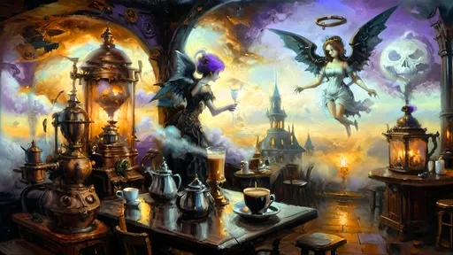 Prompt: An ethereal steampunk coffee bistro in the clouds at twilight, with angels and celestial figures serving coffee. The bistro is adorned with mechanical steampunk elements like antique bronze and copper gradients, along with silver and gold accents. The atmosphere is dreamlike and heavenly, with Halloween elements such as glowing jack-o’-lanterns, phantoms, and eerie Victorian attire. Gothic spires and shadowy ruins appear in the misty landscape, illuminated by stark chiaroscuro lighting. Eerie mists glow in shades of brown, purple, and green, while ornate brass carafes steam with celestial coffee. Angels with shimmering wings and macabre expressions serve patrons under a sky painted in lavender and soft blues. The flooring is made of glowing clouds, and the bistro furniture is airy and translucent, creating a haunting yet serene ambiance.