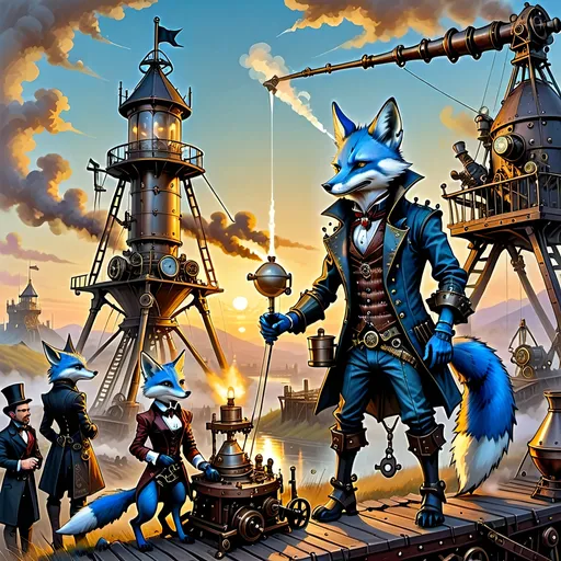 Prompt: {
  "prompt": "Illustrate a steampunkesque and gothic scene at dawn with an epic trebuchet and four anthropomorphic blue fox adventurers. The setting includes a dark, steampunkesque landscape with Dracula's fortress on a distant hill. Highlight the trebuchet with steampunkesque designs. Characters: Sebastian (leader), Alistair (sharpshooter), Finnegan (engineer), Cedric (medic). Include steampunkesque wrist grappler. Use dawn light to highlight details and create a dark, adventurous mood."
}