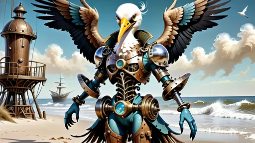 Prompt: Anthropomorphic 
Steampunkesque technology
Muscle bound seabird
---

Under morning sun,  
Seabird graces storied sands—  
Resplendent in form.

---

Elongated legs,  
Supple reeds in zephyrs’ dance—  
Sea's vast embrace calls.

---

Mischief in his eyes,  
Beachgoers’ toil unnoticed—  
Avian voyager.

---

Plumage tousled light,  
Saline breezes bring solace—  
Waves chant his essence.

---

Choreographed grace,  
Wings unfurled in ocean's song—  
Maestro of the shore.

---

Day's vibrant tableau,  
Delights of beachside revels—  
Laughter and salt tang.

---

Fellowship in skies,  
Airborne kin cavort above—  
Cerulean bond.

---

Muscle Beach's arena,  
For robust and brawny strength—  
Whimsical proscenium.

---

Stilts' realm of splendor,  
Statuesque limbs embrace waves—  
Effervescent spirit.
