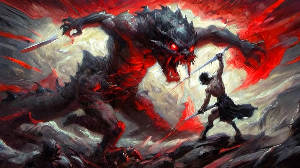 Prompt: A dynamic graphic novel-style scene of a hero battling a colossal monster, using a red, black, and white color palette. The hero is leaping through the air, about to strike the monster. The hero is rendered in stark black with red highlights on their sword and eyes, with white highlights for muscle definition and motion. The colossal monster is menacing, depicted in black with glowing red eyes and wounds, set against a white background. Motion lines in white emphasize the hero's movement, with bold lines and dramatic shadows enhancing the intensity of the battle. High contrast between the colors creates a striking, action-packed image in a bold and vivid style.