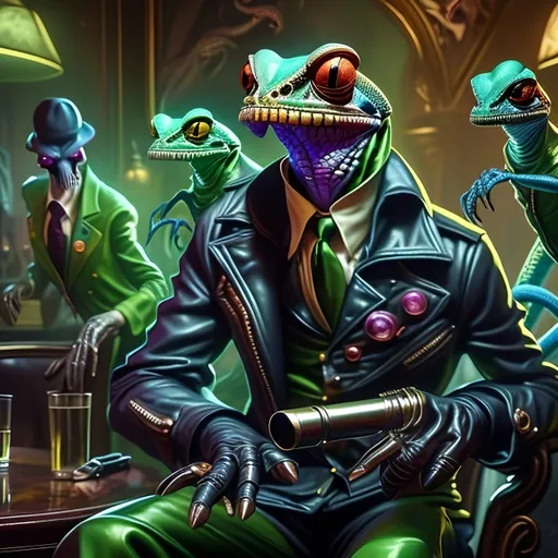 Prompt: In the heart of Chromacog, a trio of anthropomorphic chameleon mafia associates in stylish green suits sits in an upscale shop. Their intricate scales and serious expressions, combined with the pistols they brandish, fit perfectly in the luxurious surroundings filled with classic decor. The scene exudes tension as they demand money from the terrified Chlamydosaurus kingii.

The backdrop of Chromacog comes alive with unfolding heists, gleaming gadgets, and the ever-watchful gaze of Swift Viper Val. In the foreground, one chameleon’s tongue captures a fly mid-action, adding a whimsical yet dynamic touch. This action introduces movement and immediacy, contrasting sharply with the sophisticated setting. The blend of elegance and this playful moment creates a vibrant visual narrative, combining surrealism with humor and intrigue.

To be more specific, the scene features an anthropomorphic chameleon made man, dressed in a stylish leather and Armani green suit, with a fedora perched on his head, in an upscale bar or lounge setting. The luxurious atmosphere and classic decor elements enhance the chameleon's unique appearance. The action-oriented tone is highlighted by the chameleon mob associate's tongue splatting a fly into the camera, creating a sense of movement and immediacy. This juxtaposition of elegance and playful action forms a vibrant and engaging visual narrative, blending surrealism with a touch of humor and intrigue.