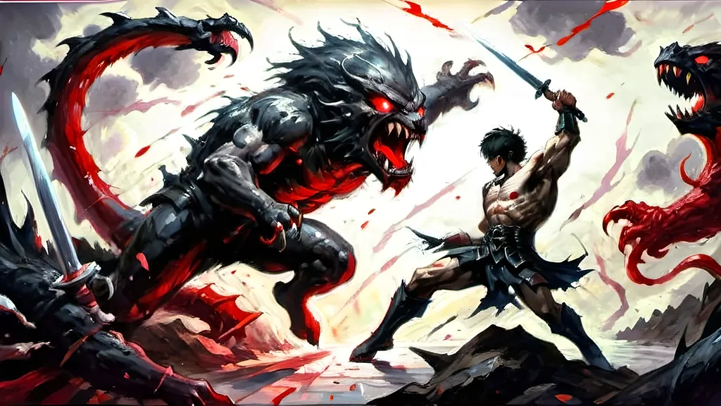 Prompt: A dynamic graphic novel-style scene of a hero battling a colossal monster, using a red, black, and white color palette. The hero is leaping through the air, about to strike the monster. The hero is rendered in stark black with red highlights on their sword and eyes, with white highlights for muscle definition and motion. The colossal monster is menacing, depicted in black with glowing red eyes and wounds, set against a white background. Motion lines in white emphasize the hero's movement, with bold lines and dramatic shadows enhancing the intensity of the battle. High contrast between the colors creates a striking, action-packed image in a bold and vivid style.