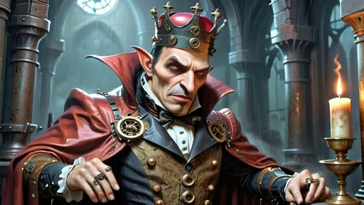 Prompt: In the chilling realm of dark command,  
Anthropomorphic king in siege,  
Golden goblets filled with coffee grand,  
To serve the steampunked league.
Through corridors of dread and fear,  
Where shadows dance with gargoyle's might,  
In gothic gears and enchantments drear,  
The king awaits the coming fight.
His regal cape of crimson hue,  
Amidst the storm and lashing rain,  
Anthropomorphic bats, in crescent swoon,  
Crossbows poised with deadly aim.
Upon the battlements they stand,  
Dracula’s gaze, a chilling sight,  
In steampowered grace, a dark demand,  
His realm aglow with eerie light.
Machinery groans with dark intent,  
Metal entwines with magic's bane,  
As trebuchets in darkness, bent,  
Prepare to breach the domain.
Through the whirling storm they press,  
Defenders tense, the siege at hand,  
In a Gothic tale of dark distress,  
Where steampunk and dread command.
In the clash of bronze and copper gleam,  
Gothic horrors meet the day,  
A macabre symphony, a darkened dream,  
In the realm where shadows play.
So unfolds the king's dark verse,  
Steeped in steampunk's cursed allure,  
Anthropomorphic sovereign's curse,  
In a gothic saga, dread and pure.