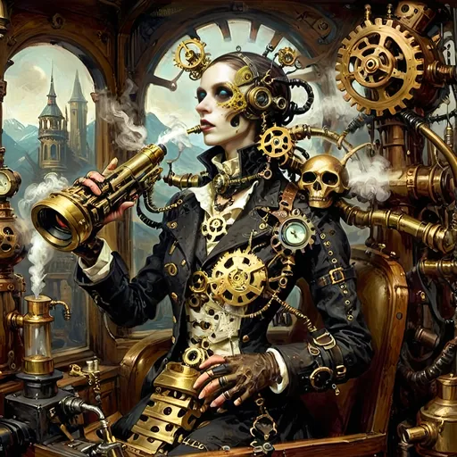 Prompt: Anthropomorphic
Sentient technological
Steampunkesque, ghoulish
Blunderbuss of dread
Luciferin gleam ignites
Sinister light glows
Of eldritch machine
biomechanics decay
Specter of brass reigns
Mountain peaks valleys
Steampunkesque edifices
Mist-bound leviathans
Brass gears interlace
Victoriana melds with
Phantasm blaster 
Muzzle flash color
Steampunkesque machineries
Luciferin light
Softly glowing lanterns’ haze
Gossamer threads blaze
Copper tones entwine
Pastel highlights gently play
Mysteries unveiled
Negative space hums
Ethereal details bask
Ancient wisdom sleeps
Steampunk cowls transform
Elaborate hats emerge
Wizards' regalia
Gears and brass endure
Enigmatic energies
Fireballs' fervent path
Wizards' capes in flux
Brass-bound room enflamed with skill
A pyromantic art
