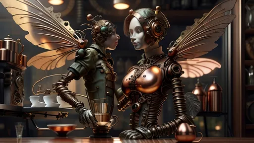 Prompt: A bio-mechanical close-up view focusing on the glowing wings of a brass and copper bio-Sprite Waiter serving coffee at The Winged Bean. The scene highlights mechanical textures, intricate gears, and tubes on the Sprite Waiter. A detailed coffee cup is visible in the foreground as it's being served to a mechanical patron, who is designed with gears and copper components. The warm dawn light illuminates the scene, while the misty, whimsical steampunk bistro atmosphere adds to the charm. The combination of organic and mechanical elements creates a magical steampunk setting.