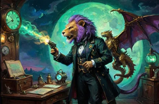 Prompt: A dynamic, heroic graphic novel scene featuring a steampunk adventure under luciferin black light. Leo Brasspaw, an anthropomorphic lion in 19th-century steampunk attire, glowing under black light, wields a Dragon’s Blunderbuss with mystical blue-green luciferin energy. His son Zephyr in matching attire, accented by crimson and lavender. Crimson oasis background, twilight sky, mechanical guardians with golden glowing gears. Skyship Horizon, a glowing airship with luciferin lights. Mouse in monocle observing from a shadowy attic corner, with moonlight casting patterns. Sharp contrasts, mystical atmosphere with blue-green, gold, crimson, and lavender highlights.