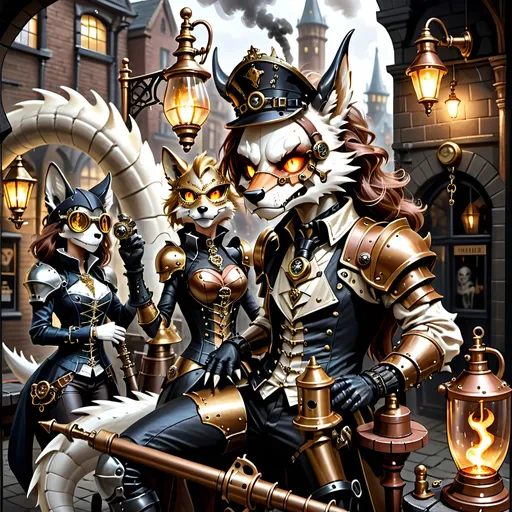 Prompt: Amid cobblestone,
Metallic dragon armor,
Gas lamps flicker bright.

Top hats, goggles gleam,
Elaborate costumes dance,
Street alive with dreams.

A staff’s fiery glow,
Adventure in steampunk air,
Brick buildings bear tales.

Gothic shadows loom,
Beasts in armor stand ready,
Mystery in eyes.

Crossbow in fur coat,
Fox with torch and long rifle,
Skull helm leads the pack.

Wolf holds skulls in hand,
Lion mask with fierce courage,
Dim light, gothic vault.

Ball of musketeers,
Steampunk twist joins old valor,
King's guard fierce and true.

Gallant swordsmen three,
Innovative one appears,
Guardian's cry heard.

Camaraderie,
King’s gift of inventive tools,
Bond of strength renewed.

Court’s festivity,
Blend of chivalry and steam,
Loyal hearts defend.