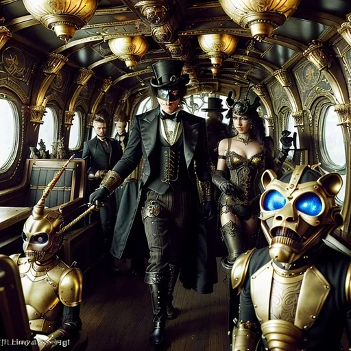 Prompt: "A steampunk masquerade ball takeover scene aboard a posh airship, titled 'The Masquerade of Shadows,' under twilight sky, grand dance deck with high ceilings, lavish gilded trimmings, elaborate frescoes, eerie chandeliers, ghostly shadows, colorful costumes, masks, Leo Brasspaw, anthropomorphic lion in leather steampunk attire with brass accents, leading rescue with son Zephyr, Leo wielding 'Dragon’s Blunderbuss' with dragon motifs, luciferin-powered energy blasts, glowing muzzle flashes, luciferin-powered saber, mechanical guardians, defensive automaton, Jester of Reckoning, Armed Jester, Top Hat Duelist, Dapper Gunman, Stoic Sharpshooter, Skeletal Figure in top hat, Skyship Horizon in background, monkey with monocle, chiaroscuro lighting."