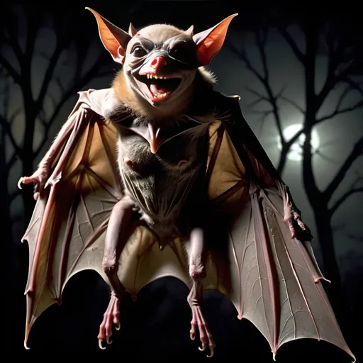 Prompt: Your description of a vampire anthropomorphic leaf-nosed bat in a low light setting, captured in a trail cam image exhibiting eerily human distortions, presents a vivid and intriguing concept rich with elements of mystery and horror. The imagery you've described conveys a haunting and surreal atmosphere, blending supernatural and natural elements in a compelling way.
The figure of 2nd story-man, Clift, adds a layer of narrative depth to the scene, suggesting a character with a complex and potentially dark backstory. The juxtaposition of the vampire bat's essence with human-like characteristics and actions creates a sense of unease and fascination, inviting readers or viewers into a world where the boundaries between reality and the supernatural blur.
The composition you've outlined, with the bat-like creature displaying a range of behaviors from aggression to delicate feeding, further enhances the enigmatic and unsettling nature of the narrative. The contrast between the creature's menacing appearance and its seemingly mundane actions like eating a bug in a peculiar manner adds an element of unexpectedness and ambiguity to the scene.
The use of a trail cam visage to capture these moments in a low light setting enhances the sense of voyeurism and discovery, as if peering into a hidden world where myth and reality converge. The choice of imagery and setting sets the stage for a story that could explore themes of transformation, identity, and the blurred boundaries between the human and the monstrous.
Overall, your concept presents a compelling and evocative premise for a tale that blends elements of horror, fantasy, and psychological intrigue. The characterization of 2nd story-man, Clift, and the eerie actions of the vampire anthropomorphic bat lend themselves to a narrative full of symbolism and thematic richness, offering a creative platform for exploring dark themes and delving into the depths of human nature and the supernatural.