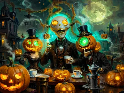 Prompt: A steampunk anthropomorphic alien hosting a midnight coffee party, set under the glowing gaze of hovering jack-o’-lanterns, enveloped in ethereal steam. The scene merges Victorian elegance with mechanical ingenuity, where ghostly guests with spectral visages sip coffee from brass cups. Flickering shadows are cast by distant ruins, and glowing mist curls at the guests' feet. The sound of unseen gears ticking rhythmically fills the air, creating an eerie yet refined atmosphere. The overall scene is a surreal tableau, blending tradition with futuristic artistry, where every element tells a story, from the steampunk decorations to the glowing jack-o’-lanterns, combining Halloween and steampunk aesthetics in a dreamlike setting.