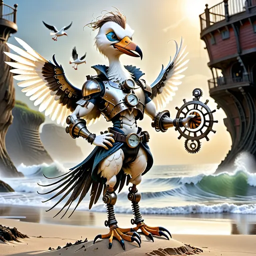 Prompt: Anthropomorphic 
Steampunkesque technology
Muscle bound seabird
---

Under morning sun,  
Seabird graces storied sands—  
Resplendent in form.

---

Elongated legs,  
Supple reeds in zephyrs’ dance—  
Sea's vast embrace calls.

---

Mischief in his eyes,  
Beachgoers’ toil unnoticed—  
Avian voyager.

---

Plumage tousled light,  
Saline breezes bring solace—  
Waves chant his essence.

---

Choreographed grace,  
Wings unfurled in ocean's song—  
Maestro of the shore.

---

Day's vibrant tableau,  
Delights of beachside revels—  
Laughter and salt tang.

---

Fellowship in skies,  
Airborne kin cavort above—  
Cerulean bond.

---

Muscle Beach's arena,  
For robust and brawny strength—  
Whimsical proscenium.

---

Stilts' realm of splendor,  
Statuesque limbs embrace waves—  
Effervescent spirit.
