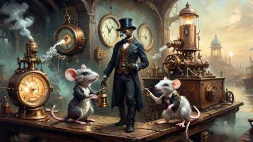 Prompt: In the world of steampunkesque civilization,  
Anthropomorphic kind,  
Mechanized rat gang fights,  
Bloodcurdles in the air,  
Their fine detail shines,  
With unique weapons' glare.  
Gears turn and steam puffs,
Bronze machine brews liquid gold—
Clockwork carafe gleams.
**Anthropoid Dreamscape**  
Copper sinews writhe,  
Phantoms of destiny,   
Mechanized rats clash.  
Tiny paws create
Latte art in morning light—
Whisker brews delight
**Heroic Enervescence**  
Pistons echo brave,  
Anthropomorphic might,  
Valor's glow abloom.  
**Luminescent Silhouettes**  
Shadows dance aglow,  
Spectral elegance wafts,  
An eerie ballet.  
**Synergistic Fusion**  
Silver and gold dance,  
Ethereal opulence,  
In a world's embrace.  
**Temporal Ephemerality**  
Careful hues unfold,  
Dreamlike focus gleams within,  
In spectral twilight.  
**Action’s Transmutation**  
Muzzle flash sparks fight,  
Techno-gadgets pulse and light,  
Vivid scenes ignite.  
**Delicate Vicissitude**  
Machinery's details,  
Negative space softly breathes,  
In mystic allure.  
**Ephemeral Resonance**  
Breath of old and new,  
Pneumatic whispers rise,  
In sepia's hue.