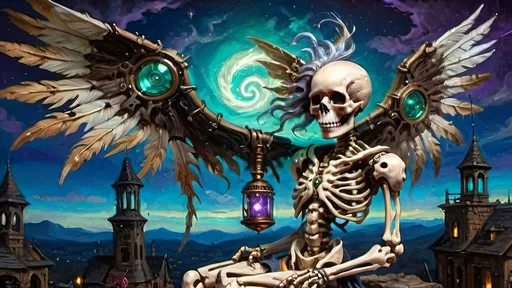 Prompt: A highly detailed and fantastical scene featuring an anthropomorphic Baykok, a skeletal figure intricately carved with bone and steampunk elements. Gears and pistons are integrated into its form, illuminated by a glowing phoenix feather in its chest. The twilight sky behind is filled with vibrant, swirling trails of emerald, violet, and blue light, as a sorceress soars high on a broomstick. Her flowing robes, glowing with luciferin, flutter in the wind. Below, cobbled rooftops gleam under flickering fires, and stars spiral in the sky. The lighting creates deep shadows and dramatic highlights, evoking a dark fantasy atmosphere with realistic details and surreal, ethereal light.