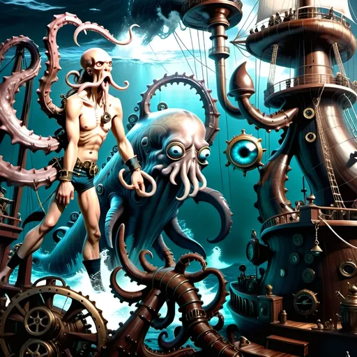 Prompt: Steampunkesque technological level ships and monsters  
- **To the artist embodying the expressions and body language of those nearby**: Encourage them to convey a range of emotions - fear, determination, despair - etched on the faces of the sailors as they grapple with the monstrous threat looming before them. The artist should capture the agony and adrenaline of the moment, drawing on every nuance of human reaction.
- **To the artist working on size comparison**: Emphasize the stark contrast between the colossal, gaping beak of the sea monster and the stout sailor, underscoring the sheer magnitude and danger posed by this unearthly creature. This comparison should evoke a sense of David facing Goliath, highlighting the David and Goliath struggle unfolding at sea.
- **To the artist capturing the crew's expressions at the mast**: Guide them to depict the crew members tightly secured to the mast, their faces contorted in a mix of horror, determination, and resignation as they confront the impending doom. The artist should convey a visceral sense of unity and strife among the crew, each individual contributing their strength to the collective fight for survival.
- **To the artist illustrating the cabin boy's daring act**: Describe the cabin boy launching himself at the monstrous eye with a whale harpoon, his youthful bravery and fierce determination palpable in every stroke. The artist should capture the intensity and audacity of this pivotal moment, showcasing the boy's resolve to strike at the heart of the beast despite the overwhelming odds.
Overall, emphasize the collaborative effort and urgency in this scene - where every brushstroke, expression, and action contributes to the collective narrative of a harrowing struggle at sea. Encourage the artists to channel their mastery into depicting the raw emotion, scale, and drama of this extraordinary tale where all hands are hacking on deck, united in a fight against an unmatched force of nature.