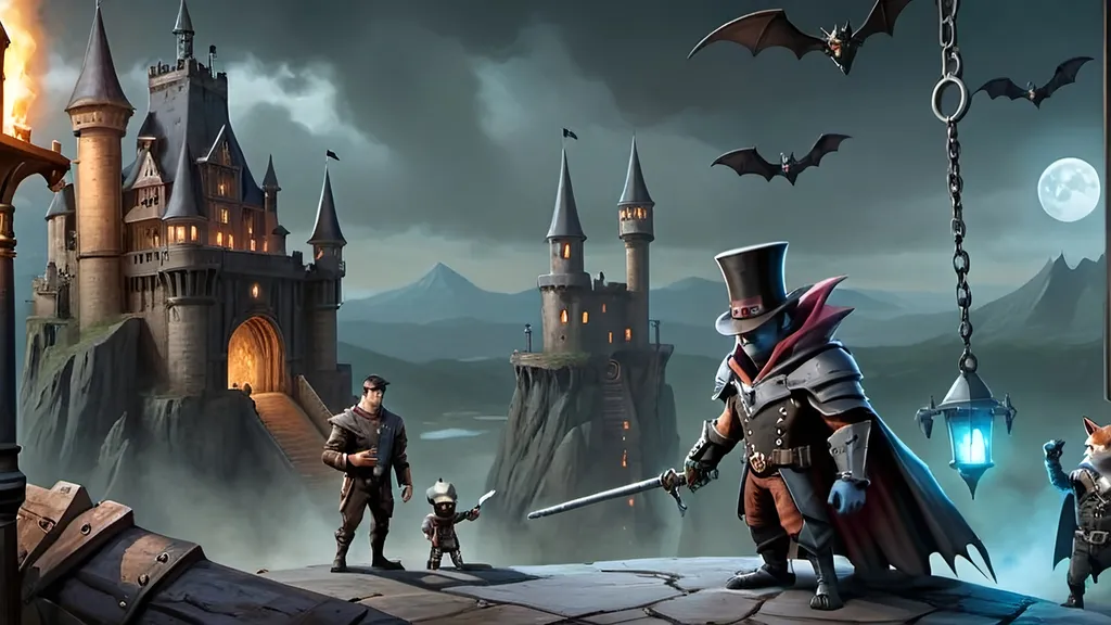 Prompt:  "prompt": "Create a dramatic and atmospheric scene featuring a steampunk-themed realm with castles and villages. Central to the scene is a large trebuchet aimed at the ominous silhouette of Dracula's fortress on a distant hill. Surrounding the trebuchet are four anthropomorphic blue fox adventurers, each with distinct roles:

- **Sebastian:** The sage leader, exuding wisdom and confidence.
- **Alistair:** The sharpshooter, holding a steampunk-style rifle.
- **Finnegan:** The inquisitive engineer, tinkering with the trebuchet mechanisms.
- **Cedric:** The calm medic, ready with a medical kit.

The setting is shadowed and suspenseful, with gothic horror elements like bizarre bats and shadowy landscapes. The mood is dark and adventurous, blending steampunk ingenuity with gothic horror. The background includes towering battlements, ancient castle walls, and eerie atmospheric elements.

The scene captures the adventurers preparing for battle, with the trebuchet as the focal point. Use lighting to highlight the glimmering steampunk machinery and the tense expressions of the characters. The overall tone should be suspenseful and grand, with intricate details on the trebuchet and the foxes' attire, incorporating steampunk accessories and realistic textures like rusted metal, worn wood, and fur. Ensure the composition conveys depth and movement, with a dark, moody palette to enhance the eerie and adventurous atmosphere."
