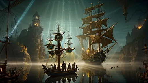 Prompt: A serene steampunk Halloween tableau with glowing motifs and an otherworldly effect, rendered in fountain pen ink style. The scene captures an exultant dawn with a lucent glow anointing the sky. A pirate ship known as 'fools’ airborne vessel' ascends in a steampunk reverie, with clockwork jesters frolicking near a Rube Goldberg coffee device on deck. Soft gradients blend acrylic colors of bronze, baby blues, and gold, as the airship’s spectral hues glow. Luciferin light and translucent magic weave through the air with ethereal mist. Pistons hum in sync as gears and cogs glide in motion, displaying machination’s grace. Lens flares gently bloom, expansive light shapes the scene with softly glowing edges. Phong shading adds realism within the dreamlike haze, while soft blurs and negative space breathe life into the scene. Metallic whispers of gold provide luxury as the ship sails through a dreaming steampunk sky, with fools in dawn’s embrace. Chiaroscuro effects enhance light and shadow interplay.