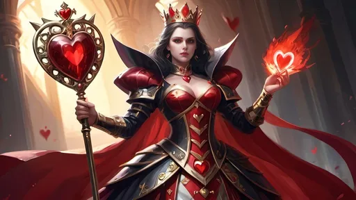 Prompt: In grand court’s tumult,
The Queen of Hearts elevates,
Regally adorned.
---
Luciferin’s glow,
Heart-adorned crest ablaze bright,
Majestic allure.
---
Crimson warriors,
Enumerated armor,
Strength in line displayed.
---
Heart-shaped scepter held,
Elegant yet formidable,
Grace in martial form.
---
Opponents succumb,
To her valor's radiant might,
Benevolent reign.
---
Twilight battlefield,
Presence, power, heritage,
Legacy profound
