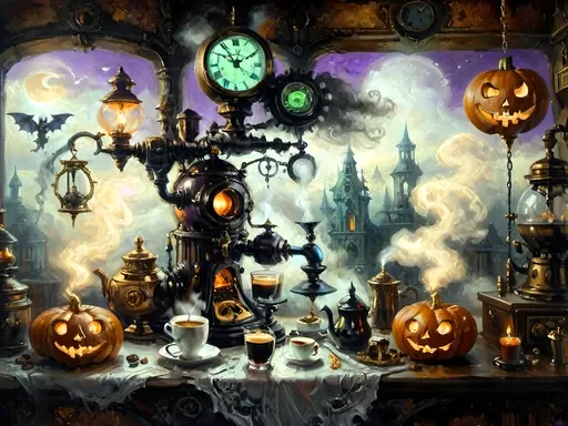 Prompt: ethereal steampunkesque coffee bistro in the clouds with angels and celestials, dreamlike atmosphere with mechanical steampunk elements, antique bronze, copper gradients, silver and gold accents. The space is heavenly and dreamlike, filled with Halloween elements like jack-o’-lanterns, phantoms, eerie Victorian attire, and a gothic twist. There are shadowy ruins and misty landscapes under stark chiaroscuro lighting, with eerie mists glowing in shades of brown, purple, and green. Celestial beings in fun macabre Victorian attire with ornate brass coffee makers and carafes add to the scene's whimsical yet haunting atmosphere.