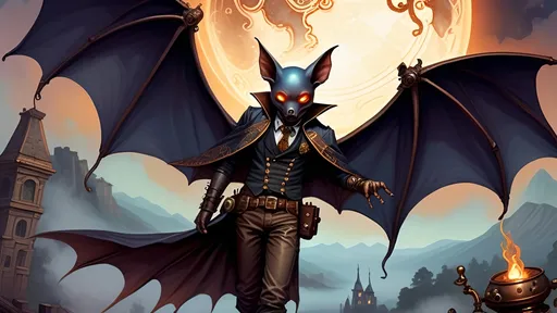 Prompt: Within arcane realms,  
Anthropomorphic bat-bodied figures glide,  
Unfurled wings sweeping through twilight skies.  
In the heart of the commune, amidst steampunk wonders,  
Three bat boys embark on a daring adventure.
Clutching a crystal ball  
Its vivid world encapsulated within,  
A steampunk elder reflects,  
Embracing the ethereal with knowing eyes.  
Trompe L'oeil’s whispered spell,  
Warlock's alchemy, and ancient intrigues guide them. Prehensile devil fleshy arrowhead shaped tail tips
Luciferin hues dance in the air,  
Psychedelic flames casting an otherworldly glow,  
Smoke weaving mystical tales of yore.  
The boys, undeterred, stop and have full steampunk coffee service, milk art coffee break,  move forward,  
Their high-top sneakers, a blend of leather and copper,  
Pounding the rugged terrain with determined strides.
Amidst the expansive panorama,  
Nature's flame essence glows,  
Revealing the fantasy world unfolding.  
Each step brings new perils,  
Each flutter of their wings a brush with fate.
High above, the stars bear silent witness,  
To their bravery and camaraderie,  
In the face of overwhelming odds.  
Bound by duty and a brotherhood unspoken,  
They carve their path through the heart of the commune,  
Their journey just beginning in this steampunked twilight.
With enhanced fingers tracing ancient maps,  
Expressive eyes searching for the next clue,  
They press forward into the unknown,  
Their bond a beacon in a world fraught with danger.  
Through the shimmering veil of smoke and flame,  
The adventure of three bat boys,  
Against all odds,  
Continues into the night.