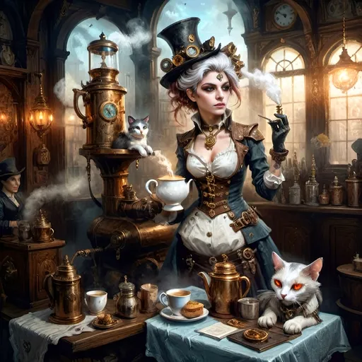 Prompt: In fog's tender grasp
Neo-Victorian streets
Two souls move as one
Steampunkesque construct
Brass gears on alabaster
Eyes sharp as the moon
By her side, a soul
Anthropomorphic guide
Tattooed with the past
He stands resplendent
Colorful hat, white ponytail
Ethereal knight
Funk hues swirl around
Morning Coffee, carafe, 
Light foam art, shadows
Cat with glistening coat
Dances near, a vibrant touch
Whimsy in their quest
In dawn’s soft embrace
Warrior and soul entwined
Dreamlike journey shared