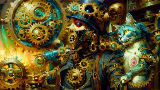 Prompt: A steampunkesque scene featuring an anthropomorphic automaton standing heroically in front of a Victorian-inspired house an Anthropomorphic steampunkesque feline  with intricate gears, cogs, and pistons in motion. The automaton has human-like features but is made of copper and bronze, with glowing eyes and modern dungarees. The automaton is holding a blunderbuss, which is firing with a visible muzzle flash. The scene is bathed in morning light, with deep shadows and a soft ethereal glow created by backlighting and diffused light. The color palette includes antique bronze, copper gradients, baby blues, and soft pastels. The image is rendered as an acrylic painting with visible fan brushstrokes, giving it a textured, artistic feel. Multicolor luciferin effects add a magical element, with ethereal mist and gossamer threads drifting through the air. The mechanical parts of the house and the automaton's joints are accented with silver and gold, giving the scene a subtle luxury. Delicate details such as the gears, joints, and the blunderbuss held by the automaton are highlighted, with soft blur effects around the edges to enhance the dreamlike quality.