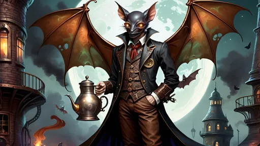 Prompt: Within arcane realms,  
Anthropomorphic bat-bodied figures glide,  
Unfurled wings sweeping through twilight skies.  
In the heart of the commune, amidst steampunk wonders,  
Three bat boys embark on a daring adventure.
Clutching an ornate carafe of coffee,  
And  two mugs
Its vivid world encapsulated within,  
A steampunk elder reflects,  
Embracing the ethereal with knowing eyes.  
Trompe L'oeil’s whispered spell,  
Warlock's alchemy, and ancient intrigues guide them. Prehensile devil fleshy arrowhead shaped tail tips
Luciferin hues dance in the air,  
Psychedelic flames casting an otherworldly glow,  
Smoke weaving mystical tales of yore.  
The boys, undeterred, stop and have full steampunk coffee service, milk art coffee break,  move forward,  
Their high-top sneakers, a blend of leather and copper,  
Pounding the rugged terrain with determined strides.
Amidst the expansive panorama,  
Nature's flame essence glows,  
Revealing the fantasy world unfolding.  
Each step brings new perils,  
Each flutter of their wings a brush with fate.
High above, the stars bear silent witness,  
To their bravery and camaraderie,  
In the face of overwhelming odds.  
Bound by duty and a brotherhood unspoken,  
They carve their path through the heart of the commune,  
Their journey just beginning in this steampunked twilight.
With enhanced fingers tracing ancient maps,  
Expressive eyes searching for the next clue,  
They press forward into the unknown,  
Their bond a beacon in a world fraught with danger.  
Through the shimmering veil of smoke and flame,  
The adventure of three bat boys,  
Against all odds,  
Continues into the night.