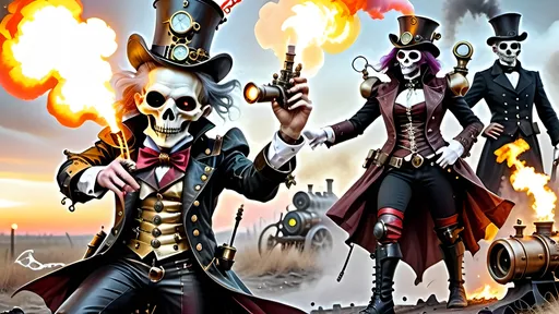 Prompt: Illustrate a steampunk and gothic scene at dawn background luciferin immolation with an Italian 14th century steampunkesque ghoul jester prince in a battlefield, engaging in elegant combat, featuring multicolor luciferin for illustrative purposes, depicting the residual magic which begets blunderbuss’ power and muzzle flash, and the reason face paint exaggerates emotions