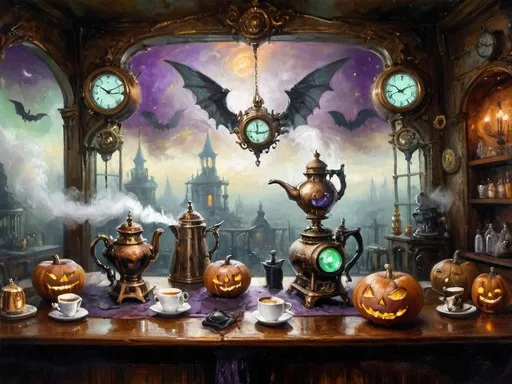 Prompt: ethereal steampunkesque coffee bistro in the clouds with angels and celestials, dreamlike atmosphere with mechanical steampunk elements, antique bronze, copper gradients, silver and gold accents. The space is heavenly and dreamlike, filled with Halloween elements like jack-o’-lanterns, phantoms, eerie Victorian attire, and a gothic twist. There are shadowy ruins and misty landscapes under stark chiaroscuro lighting, with eerie mists glowing in shades of brown, purple, and green. Celestial beings in fun macabre Victorian attire with ornate brass coffee makers and carafes add to the scene's whimsical yet haunting atmosphere.