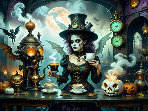 Prompt: ethereal steampunkesque coffee bistro in the clouds with angels and celestials, dreamlike atmosphere with mechanical steampunk elements, antique bronze, copper gradients, silver and gold accents. The space is heavenly and dreamlike, filled with Halloween elements like jack-o’-lanterns, phantoms, eerie Victorian attire, and a gothic twist. There are shadowy ruins and misty landscapes under stark chiaroscuro lighting, with eerie mists glowing in shades of brown, purple, and green. Celestial beings in fun macabre Victorian attire with ornate brass coffee makers and carafes add to the scene's whimsical yet haunting atmosphere.