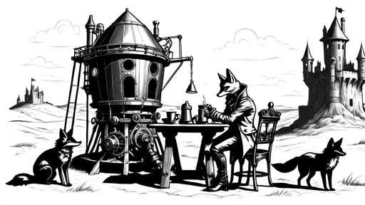 Prompt: Illustrate a dramatic steampunkesque and gothic scene Incorporating a table view dawn coffee break where the characters are enjoying along with crumpets featuring an epic trebuchet and four anthropomorphic blue fox adventurers at dawn. The setting is a dark, shadowed landscape with Dracula's fortress looming ominously in the distance. 

The scene includes:
- **Sebastian:** The sage leader, exuding wisdom and confidence.
- **Alistair:** The sharpshooter, holding a steampunk-style rifle.
- **Finnegan:** The inquisitive engineer, tinkering with the trebuchet mechanisms.
- **Cedric:** The calm medic, ready with a medical kit.

Incorporate a dawn coffee break where the characters are enjoying coffee with an ornately designed steampunkesque mechanical coffee maker and an exquisite carafe, along with crumpets.

The mood is suspenseful, heroic, and atmospheric, blending steampunkesque ingenuity with gothic horror elements. The trebuchet is the focal point, appearing three-dimensional and intricately detailed. The background features towering battlements, ancient castle walls, and eerie atmospheric elements like bizarre bats and shadowy landscapes.

The overall tone should be dark and adventurous, with detailed textures such as rusted metal, worn wood, and fur. The lighting should highlight the glimmering steampunk machinery, the dawn light, and the tense expressions of the characters, creating a cohesive and visually stunning scene."
