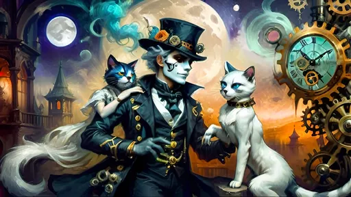 Prompt: In fog's tender grasp
Neo-Victorian streets
Two souls move as one
Warrior in black
Brass gears on alabaster
Eyes sharp as the moon
By her side, a soul
Anthropomorphic guide
Tattooed with the past
He stands resplendent
Colorful hat, white ponytail
Ethereal knight
Funk hues swirl around
Clockwork, gears, and mist combine
Light blooms, shadows dance
Cat with glistening coat
Dances near, a vibrant touch
Whimsy in their quest
In night's soft embrace
Warrior and soul entwined
Dreamlike journey shared