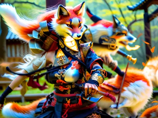 Prompt: Depict Cherry Kitsune, a graceful and fierce anthropomorphic fox warrior. She moves with fluidity and precision, wielding a traditional Japanese naginata. Her armor, detailed with copper and brass, blends Edo-period aesthetics with steampunk elements. The scene is illuminated by multicolor luciferin gradients, creating an ethereal glow in a Japanese dojo or battlefield."
- Style and Mood Tags: Cinematic lighting, fluid movement, traditional Japanese art style, ethereal glow, steampunk fusion