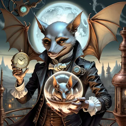 Prompt: Within arcane realms,  
Anthropomorphic bat-bodied figures glide,  
Unfurled wings sweeping through twilight skies.  
In the heart of the commune, amidst steampunk wonders,  
Three bat boys embark on a daring adventure.
Clutching a crystal ball  
Its vivid world encapsulated within,  
A steampunk elder reflects,  
Embracing the ethereal with knowing eyes.  
Trompe L'oeil’s whispered spell,  
Warlock's alchemy, and ancient intrigues guide them. Prehensile devil fleshy arrowhead shaped tail tips
Luciferin hues dance in the air,  
Psychedelic flames casting an otherworldly glow,  
Smoke weaving mystical tales of yore.  
The boys, undeterred, stop and have full steampunk coffee service, milk art coffee break,  move forward,  
Their high-top sneakers, a blend of leather and copper,  
Pounding the rugged terrain with determined strides.
Amidst the expansive panorama,  
Nature's flame essence glows,  
Revealing the fantasy world unfolding.  
Each step brings new perils,  
Each flutter of their wings a brush with fate.
High above, the stars bear silent witness,  
To their bravery and camaraderie,  
In the face of overwhelming odds.  
Bound by duty and a brotherhood unspoken,  
They carve their path through the heart of the commune,  
Their journey just beginning in this steampunked twilight.
With enhanced fingers tracing ancient maps,  
Expressive eyes searching for the next clue,  
They press forward into the unknown,  
Their bond a beacon in a world fraught with danger.  
Through the shimmering veil of smoke and flame,  
The adventure of three bat boys,  
Against all odds,  
Continues into the night.