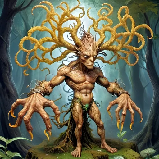 Prompt: Awakening to a world of grass and fog, this anthropomorphic marvel found itself a being of intricate design, its form fashioned from a mosaic of verdant foliage. Each leaf, a distinct contour sculpted by nature's hand, now melded seamlessly into a living, breathing tapestry of existence.

As consciousness unfurled like the delicate fronds of a fern, the anthropomorphic leaf creature's very veins pulsed with the lifeblood of intricate leaf veins, an organic network etched upon its frame - a convergence of the botanical and the mechanical. Its eyes, twin orbs of luminous intent, searched the room with an inquisitive gleam, conveying a depth of emotion that belied its leafy visage.

Donned in steampunk attire fashioned from woven textured foliage, the creature's appearance was a blend of rustic charm and whimsical elegance. The supple fabric of its leaf clothing whispered softly with each movement, granting it a tactile semblance of the sturdy yet comforting embrace of leather, exposed skin as dried leaves.

Thus, in this wondrous amalgamation of flora and function, the steampunkesque creature stood -eye contact and interaction a relaxed posture, a marvel of artistry and ingenuity, a testament to the boundless creativity that flourished in the realm where the natural world and the fantastical collide.
