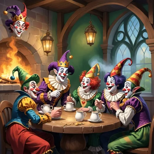 Prompt: ### I. The Jovial Troupe
Quibble, the favored jester,  
Finds solace among his troupe,  
A motley crew of mirth.
### II. Diverse Gifts
Jangle's nimble feats amaze,  
Merry’s voice enchants the soul,  
Each talent a treasure.
### III. Joyful Circus
Tumble's wild antics provoke laughter,  
Gleek's mimicry softens stone hearts,  
Colors of joy unfurl.
### IV. Morning Delights
As the sun's golden rays ascend,  
Steam swirls in cups of blissful brew,  
Delighting weary souls.
### V. Traveling Performers
Through fields of green they journey,  
Entertaining lords, merchants, serfs alike,  
Their art a gift to all.
### VI. The Duke's Challenge
In Duke Henry's solemn court,  
Their spirits tested, met with zeal,  
Undeterred by stern gazes.
### VII. Spreading Laughter
Quibble leads with charm and wit,  
His tales and jests a balm,  
Laughter infectious.
### VIII. Unfortunate Misstep
A servant's clumsy spill,  
Quibble's mimicry awry,  
A spark that ignites ire.
### IX. Facing Wrath
“What insolence!” thunders the Duke,  
Hearts heavy with disappointment,  
Yet resolve unbroken.
### X. Nights of Reflection
By the fire's gentle glow,  
Quibble's heart heavy, consoled by loyal hearts,  
Stronger together.
### XI. Resilient Resolve
“New court beckons,” whispers Merry,  
Lute echoing hope’s melody,  
United they stand.
### XII. Morning Reverie
In dawn's embrace,  
Coffee's warmth soothes,  
Spirits renewed.
### XIII. A Fresh Start
In a kinder court they perform,  
Fear's grip loosened,  
Quibble's smiles genuine.
### XIV. Eternal Bond
Laughter's thread weaves,  
A shared journey, spirits entwined,  
Jesters eternal.