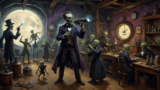 Prompt: shadowy Edwardian workshop filled with ancient, advanced steampunkesque gadgets, cloaked figure with a ghoulish, ghastly visage emerges, holding blunderbuss emits an eerie, ethereal light. Deuteragonists, anthropomorphic zombie aliens dance under a pale moon, their twisted forms laughing grotesque with tension and dread, with multicolor Luciferin patterns pulsing in the shadows. The color palette features deep purples, blacks, and luminescent hues, evoking a sense a tale of boundless strife.