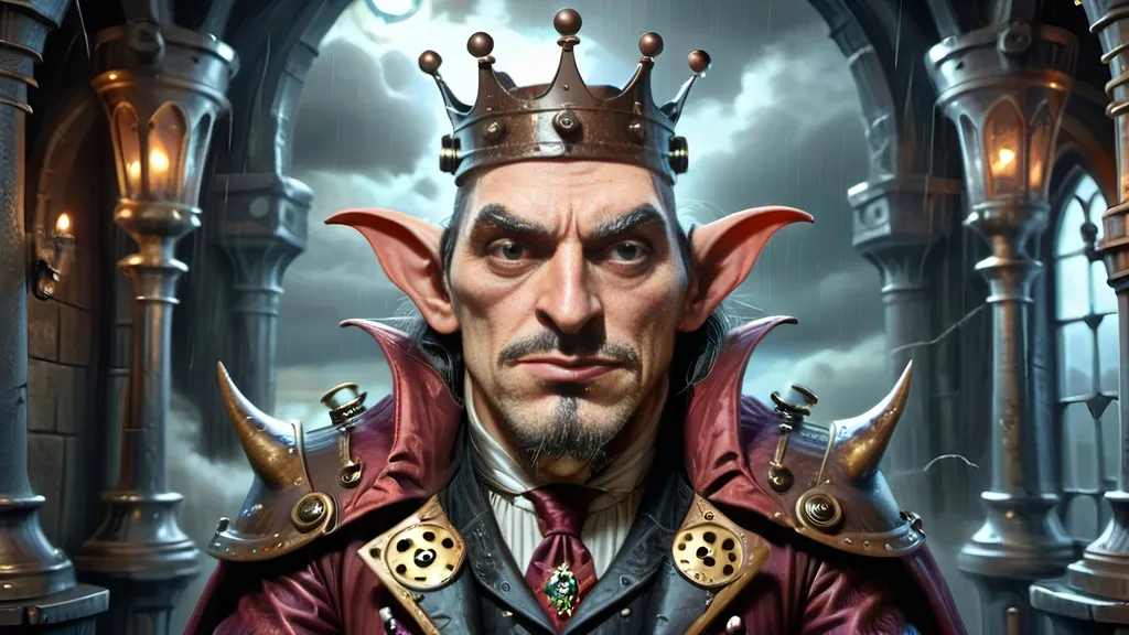 Prompt: In the chilling realm of dark command,  
Anthropomorphic king in siege,  
Golden goblets filled with coffee grand,  
To serve the steampunked league.
Through corridors of dread and fear,  
Where shadows dance with gargoyle's might,  
In gothic gears and enchantments drear,  
The king awaits the coming fight.
His regal cape of crimson hue,  
Amidst the storm and lashing rain,  
Anthropomorphic bats, in crescent swoon,  
Crossbows poised with deadly aim.
Upon the battlements they stand,  
Dracula’s gaze, a chilling sight,  
In steampowered grace, a dark demand,  
His realm aglow with eerie light.
Machinery groans with dark intent,  
Metal entwines with magic's bane,  
As trebuchets in darkness, bent,  
Prepare to breach the domain.
Through the whirling storm they press,  
Defenders tense, the siege at hand,  
In a Gothic tale of dark distress,  
Where steampunk and dread command.
In the clash of bronze and copper gleam,  
Gothic horrors meet the day,  
A macabre symphony, a darkened dream,  
In the realm where shadows play.
So unfolds the king's dark verse,  
Steeped in steampunk's cursed allure,  
Anthropomorphic sovereign's curse,  
In a gothic saga, dread and pure.