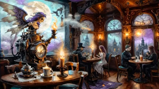 Prompt: An ethereal steampunk coffee bistro in the clouds at twilight, with angels and celestial figures serving coffee. Patrons bustling.  The bistro is adorned with mechanical steampunk elements like antique bronze and copper gradients, along with silver and gold accents. The atmosphere is dreamlike and heavenly, with Halloween elements such as glowing jack-o’-lanterns, phantoms, and eerie Victorian attire. Gothic spires and shadowy ruins appear in the misty landscape, illuminated by stark chiaroscuro lighting. Eerie mists glow in shades of brown, purple, and green, while ornate brass carafes steam with celestial coffee. Angels with shimmering wings and macabre expressions serve patrons under a sky painted in lavender and soft blues. The flooring is made of glowing clouds, and the bistro furniture is airy and translucent, creating a haunting yet serene ambiance.