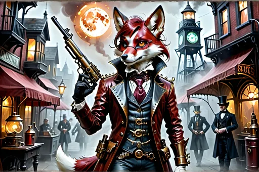 Prompt: Brash sharpshooter’s poise,
   Rifle's Steampunkesque styling
   Polished red leather and bronze.
Protagonists bold
   Victorian full moon's pride
   Mechanized marvels.
Boundaries blurred thin
    Friend or foe in torchlight’s dance
    Gleaming fangs revealed.
Curious Finnegan,
    Spectacles magnify eyes
    Mechanisms’ spark.
Cedric’s calm resolve,
    Elixirs and healing salves
    Shadows whisper doom.
Epic venture dawns
    Steampunesque luciferin
    magic alit stark
Allies or rivals
    Vulpine's saga etched in time
    Valor’s intricate dance.
