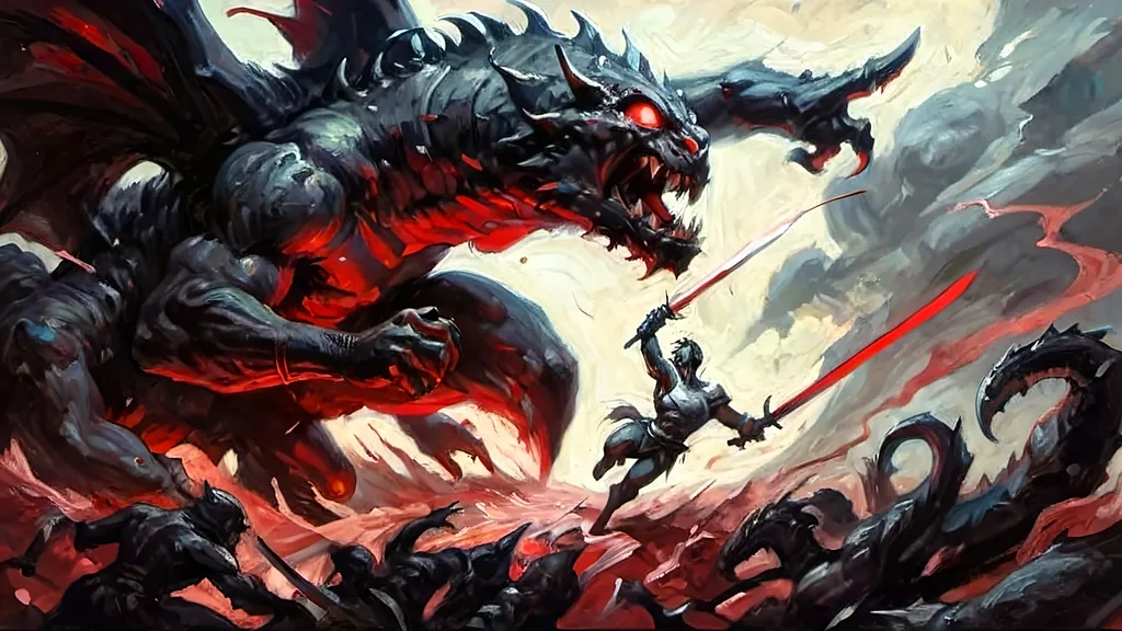 Prompt: A dynamic graphic novel-style scene of a hero battling a colossal monster, using a red, black, and white color palette. The hero is leaping through the air, about to strike the monster. The hero is rendered in stark black with red highlights on their sword and eyes, with white highlights for muscle definition and motion. The colossal monster is menacing, depicted in black with glowing red eyes and wounds, set against a white background. Motion lines in white emphasize the hero's movement, with bold lines and dramatic shadows enhancing the intensity of the battle. High contrast between the colors creates a striking, action-packed image in a bold and vivid style.