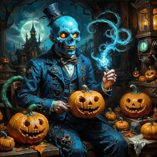 Prompt: Anthropomorphic
Strigoi toil away
Steampunkesque, sentient
technologically apt
Blunderbuss muzzle flashes
eschatologically 
By augury's hue
Strigoi tendrils hued neon
Unfurling their dread
In machinist gloom
Electric azure punctuates
Phantasmagoric
Intricately carved pumpkins
Chiaroscuro's embrace
Amidst gourd carved lantern woe
Rusty spires ascend
Mist enshrouds ephemeral
Realms straddle and scream
Vibrant hues collide
Spectral visages convulse
Enigmatic dread