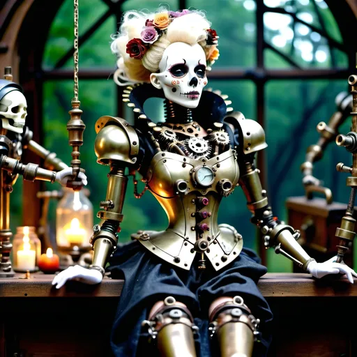 Prompt: Marionette style mechanical, Steampunkesque vision Tinkerer summoned forth Craftsman of brilliance.Mechanical kin sought Gears whispers and clicks abound, Heart’s void fills anew. Multicolor Luciferin magic Joy’s spark in darkness, Patient vigil kept with faith; Awaiting dawn’s gift.Crisp autumn sunrise, Anthropomorphic wonder, Masterpiece unveiled.Brass and steel, life bound, Tears in eyes pooled deep with awe, Beauty’s vision gleams.Companion shining, Crafted with love and purpose, Life breathed into form. Artificial