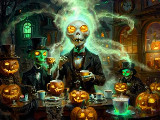 Prompt: A steampunk anthropomorphic alien hosting a midnight coffee party, set under the glowing gaze of hovering jack-o’-lanterns, enveloped in ethereal steam. The scene merges Victorian elegance with mechanical ingenuity, where ghostly guests with spectral visages sip coffee from brass cups. Flickering shadows are cast by distant ruins, and glowing mist curls at the guests' feet. The sound of unseen gears ticking rhythmically fills the air, creating an eerie yet refined atmosphere. The overall scene is a surreal tableau, blending tradition with futuristic artistry, where every element tells a story, from the steampunk decorations to the glowing jack-o’-lanterns, combining Halloween and steampunk aesthetics in a dreamlike setting.