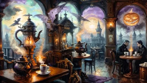 Prompt: An ethereal steampunk coffee bistro in the clouds at twilight, with angels and celestial figures serving coffee. Patrons bustling.  The bistro is adorned with mechanical steampunk elements like antique bronze and copper gradients, along with silver and gold accents. The atmosphere is dreamlike and heavenly, with Halloween elements such as glowing jack-o’-lanterns, phantoms, and eerie Victorian attire. Gothic spires and shadowy ruins appear in the misty landscape, illuminated by stark chiaroscuro lighting. Eerie mists glow in shades of brown, purple, and green, while ornate brass carafes steam with celestial coffee. Angels with shimmering wings and macabre expressions serve patrons under a sky painted in lavender and soft blues. The flooring is made of glowing clouds, and the bistro furniture is airy and translucent, creating a haunting yet serene ambiance.