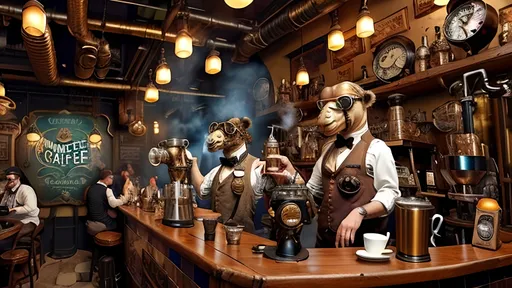 Prompt: A bustling steampunk café named 'The Roaming Hump Café,' featuring anthropomorphic camel baristas dressed in waistcoats and goggles, operating intricate, steam-powered coffee machines. The café has both camel and human patrons engaged in lively conversation. The decor includes brass gears and polished steam pipes, enhancing the warm, welcoming, adventurous, and whimsical atmosphere. The scene captures the baristas' flair in coffee crafting amidst the hum of steam and gears, with a focus on the baristas' coffee-making skills. Cinematic 16:9 view.